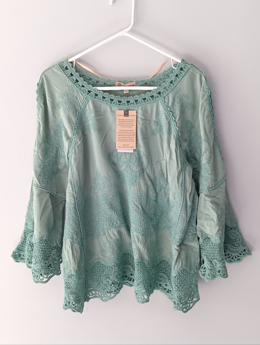 Democracy Boho Lace Embroidered Blouse Long Bell Sleeves Aqua Blue Small